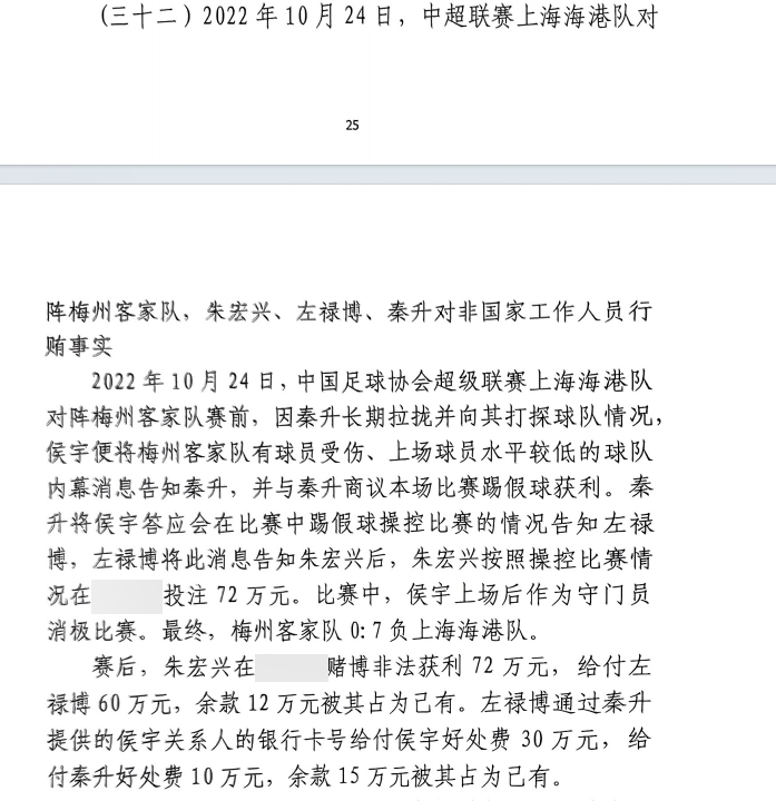 網(wǎng)傳判決書：梅州0-7海港，梅州守門員侯宇收30萬(wàn)好處費(fèi)消極比賽
