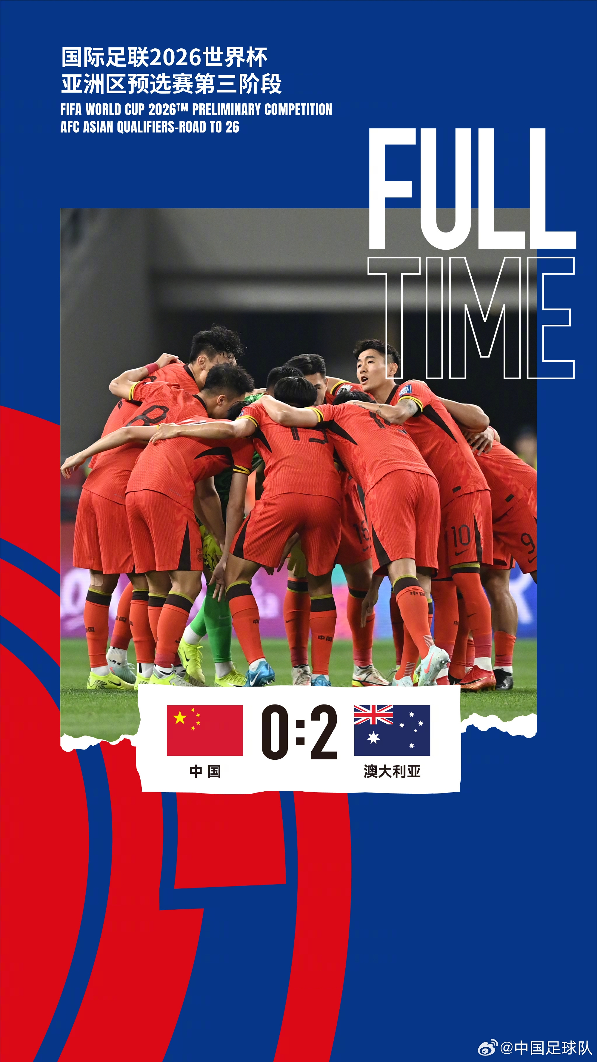 美加墨世界杯亞洲區(qū)預(yù)選賽第三階段第八輪，中國隊(duì)0-2澳大利亞隊(duì)